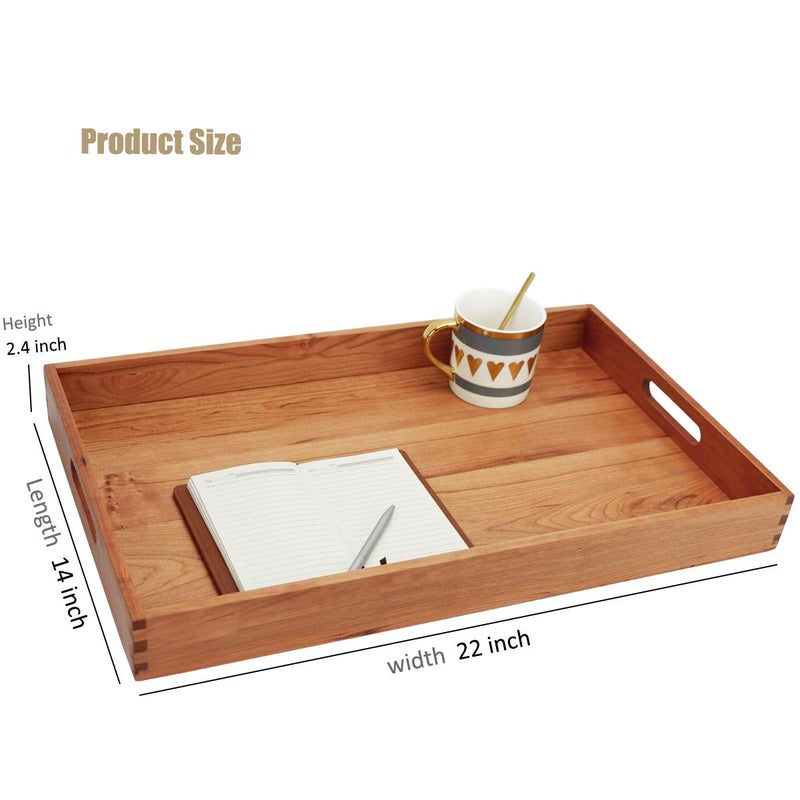 MAGIGO 22 x 14 Inches Large Rectangle Cherry Wood Ottoman Tray with Handles, Serve Tea, Coffee or Breakfast in Bed, Classic Wooden Decorative Serving Tray - Image 2